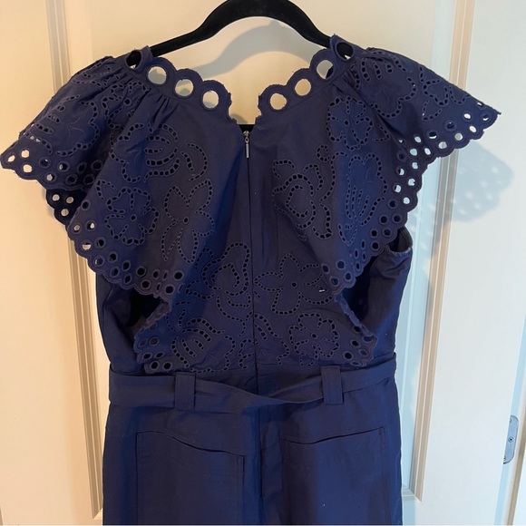 Rebecca Taylor Ariana Eyelet Embroidered Navy Indigo Blue Jumpsuit | Size 8 - Picture 9 of 11